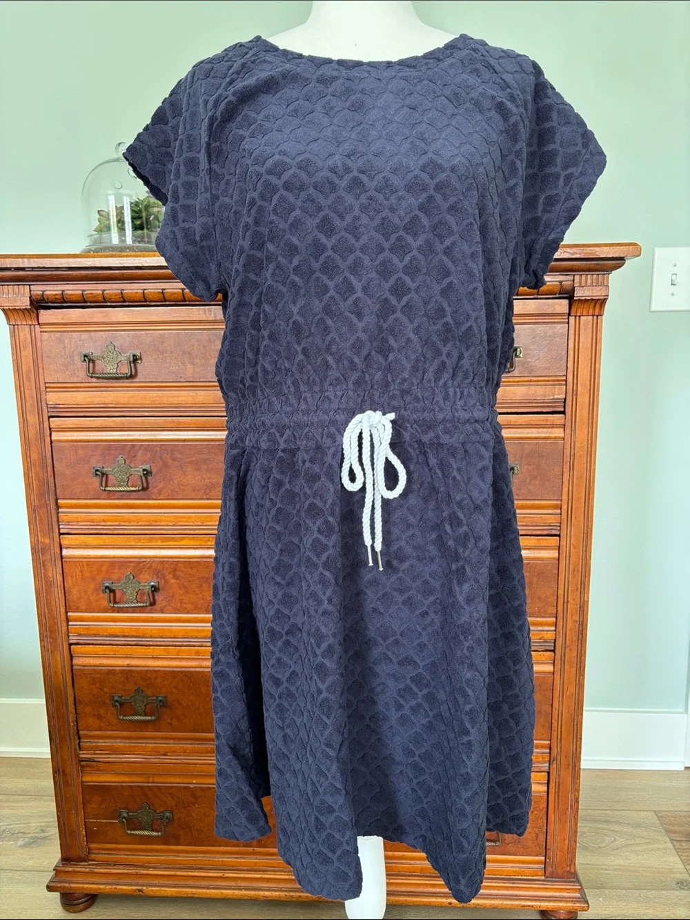 NWT Talbots T by Talbots Towel Terry T Shirt Tie Waist Dress Blue Size L Coastal